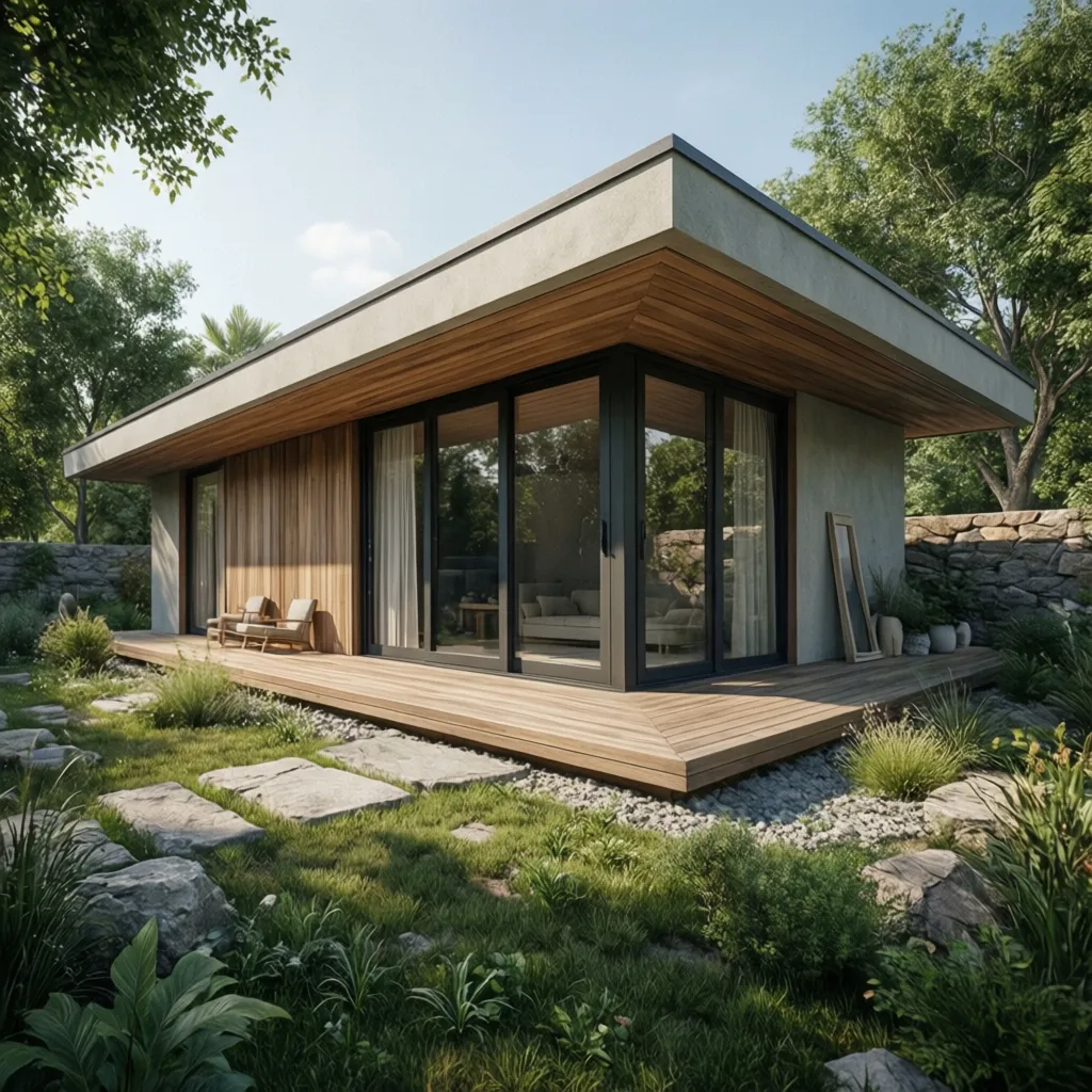 Modern single story house with wood walls glass doors stone path and lush green garden