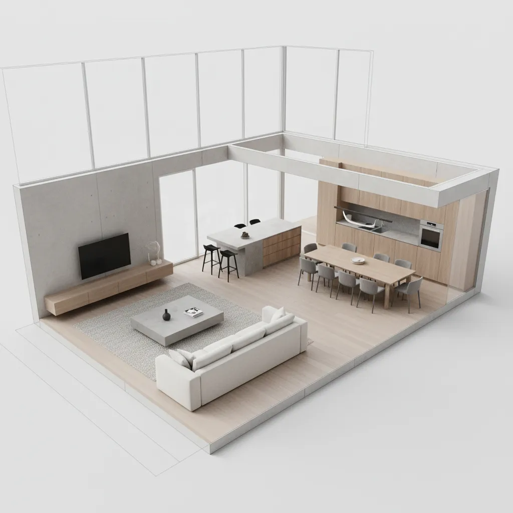 Interior design drawing of open layout with sofa, television, kitchen island, and wooden dining table