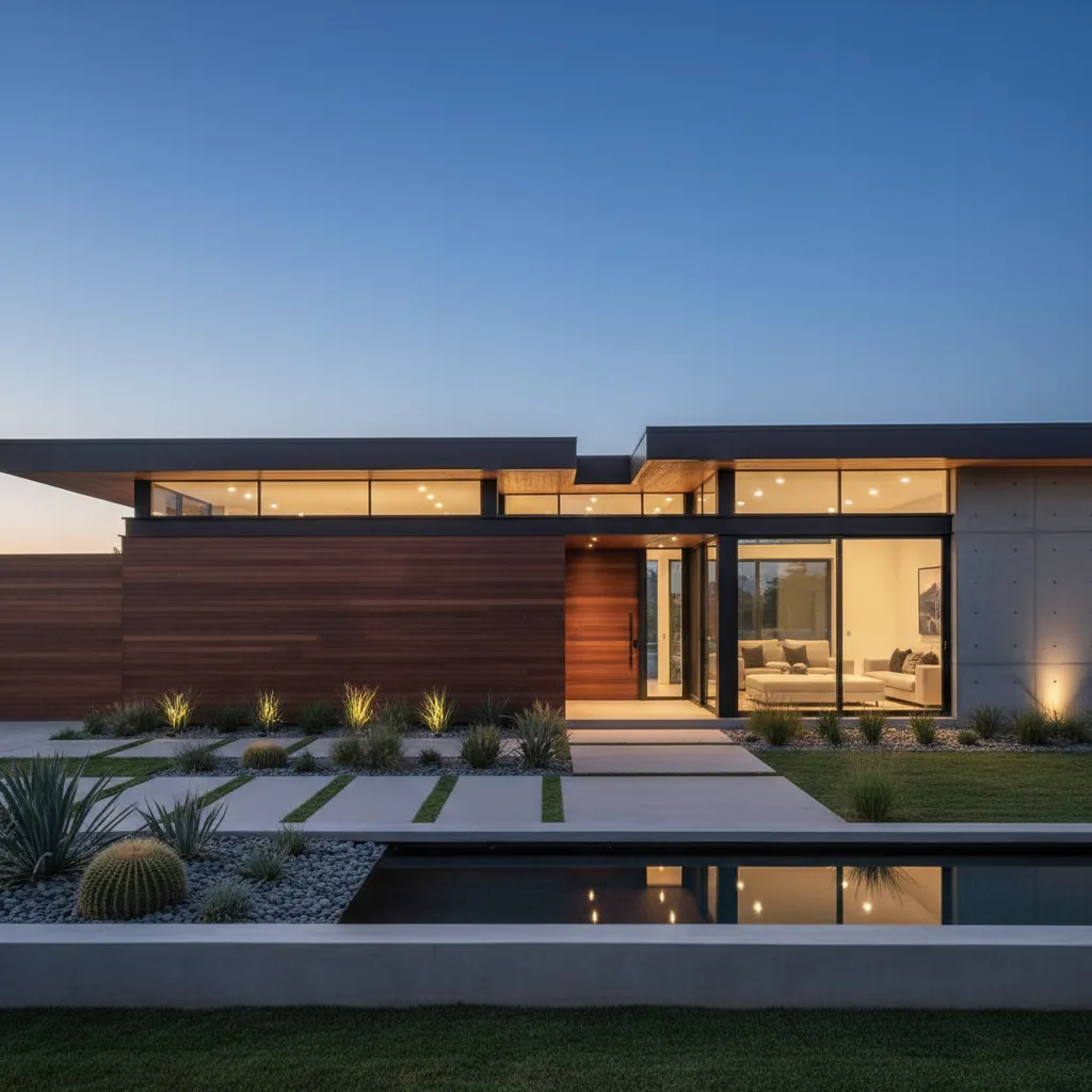 Fachada moderna con madera, hormigón y grandes ventanales