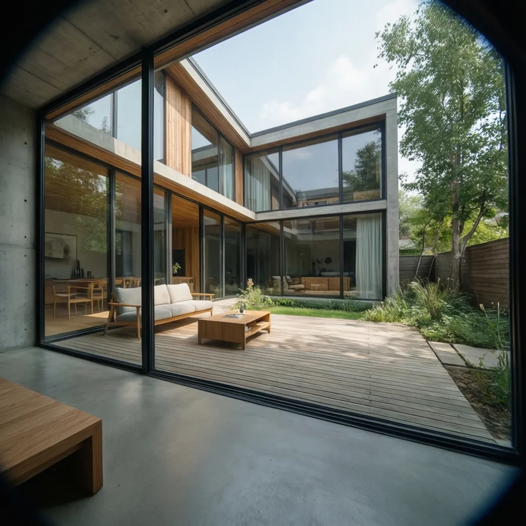 Casa moderna de una planta con patio interior y grandes ventanales