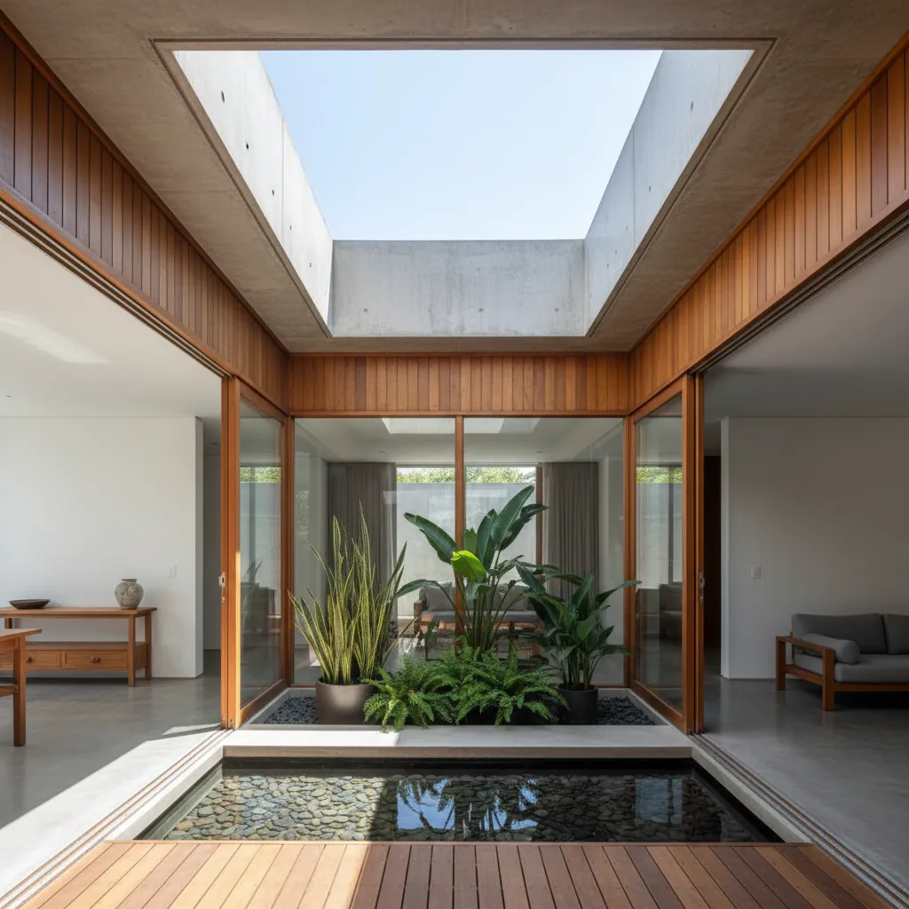 Modern home interior with a central indoor garden featuring green plants and a sky view