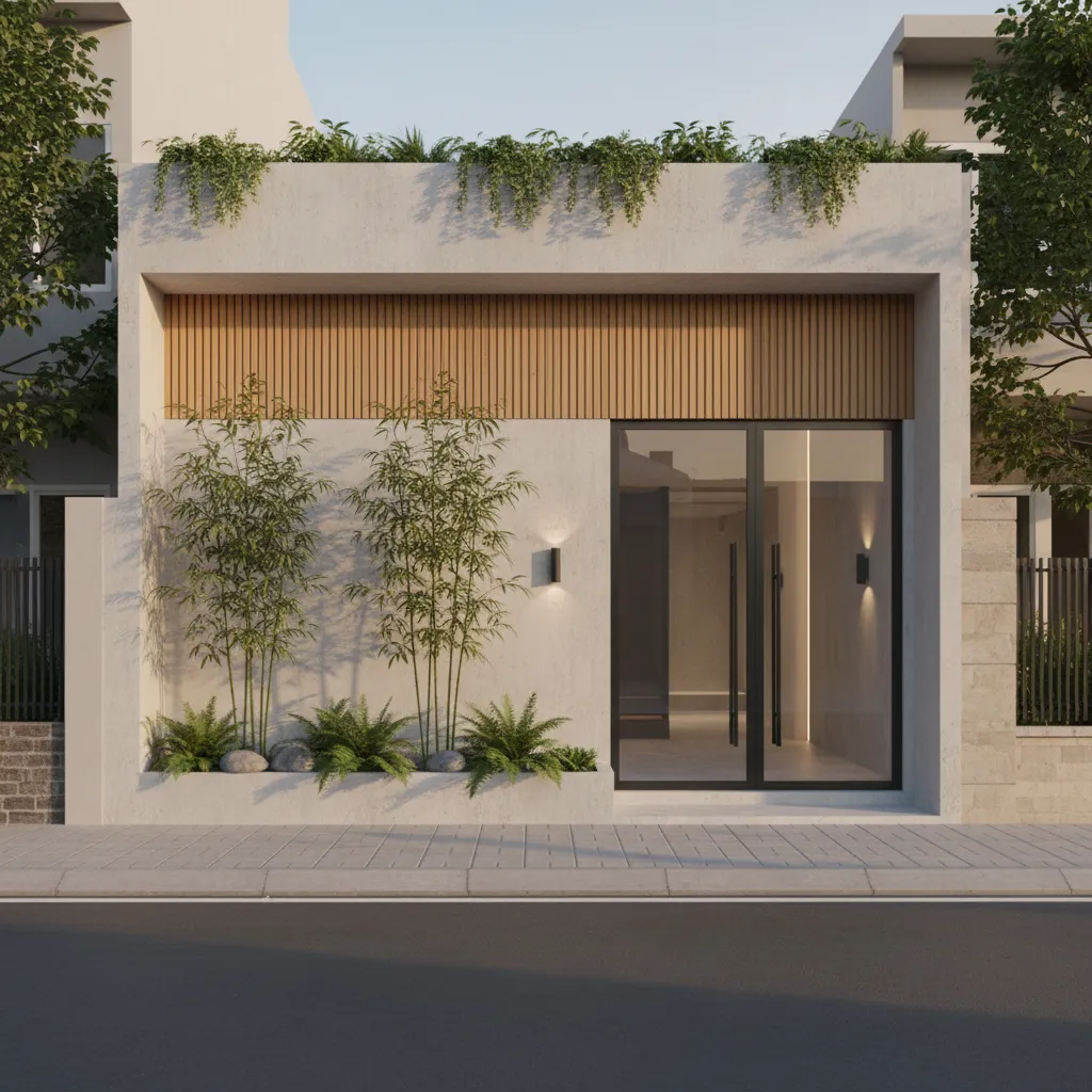 Modern house exterior with white concrete walls, wood panels, glass door, bamboo plants, and sidewalk