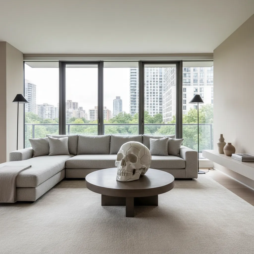 Contemporary living room with skull sculpture integrated into modern decor