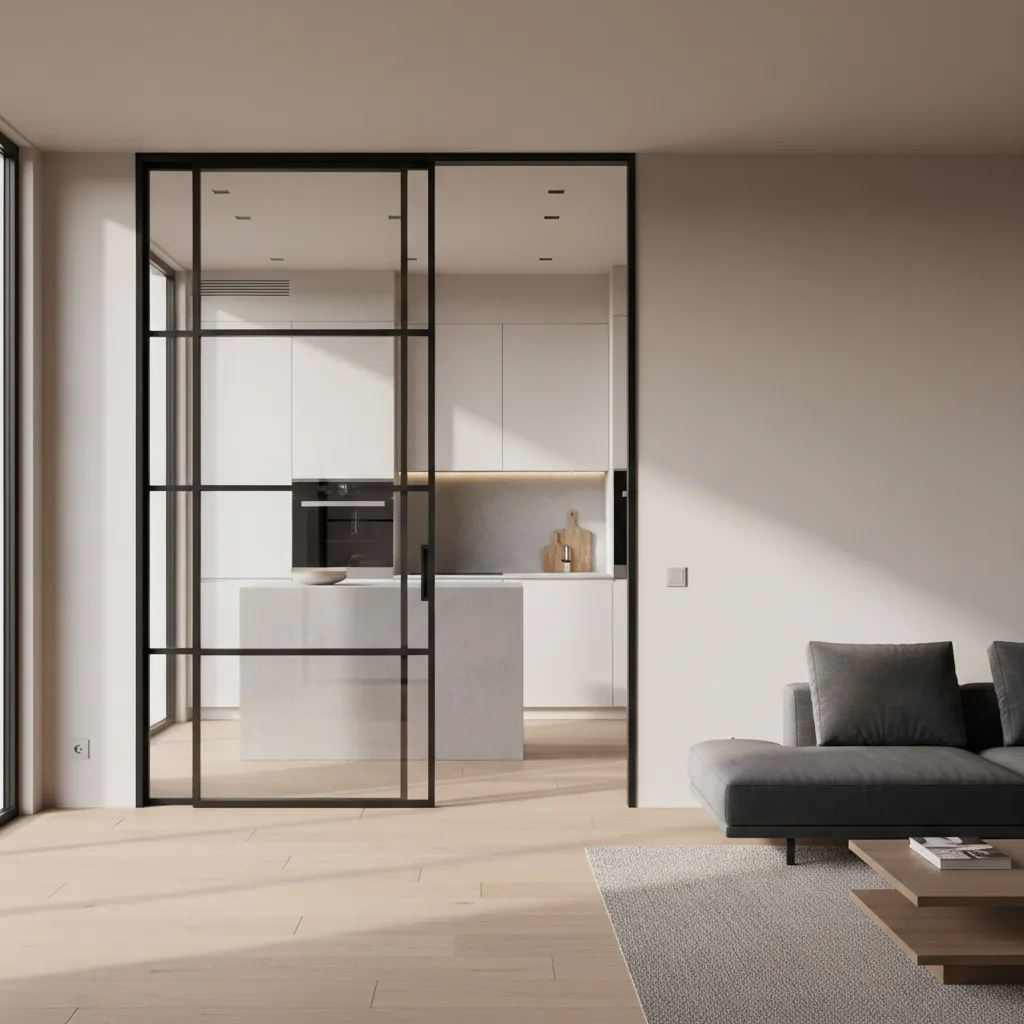 Modern kitchen with black glass sliding door showing island cabinets and grey sofa living room