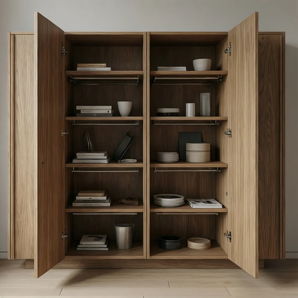 open narrow sideboard showing adjustable shelving and internal storage layout