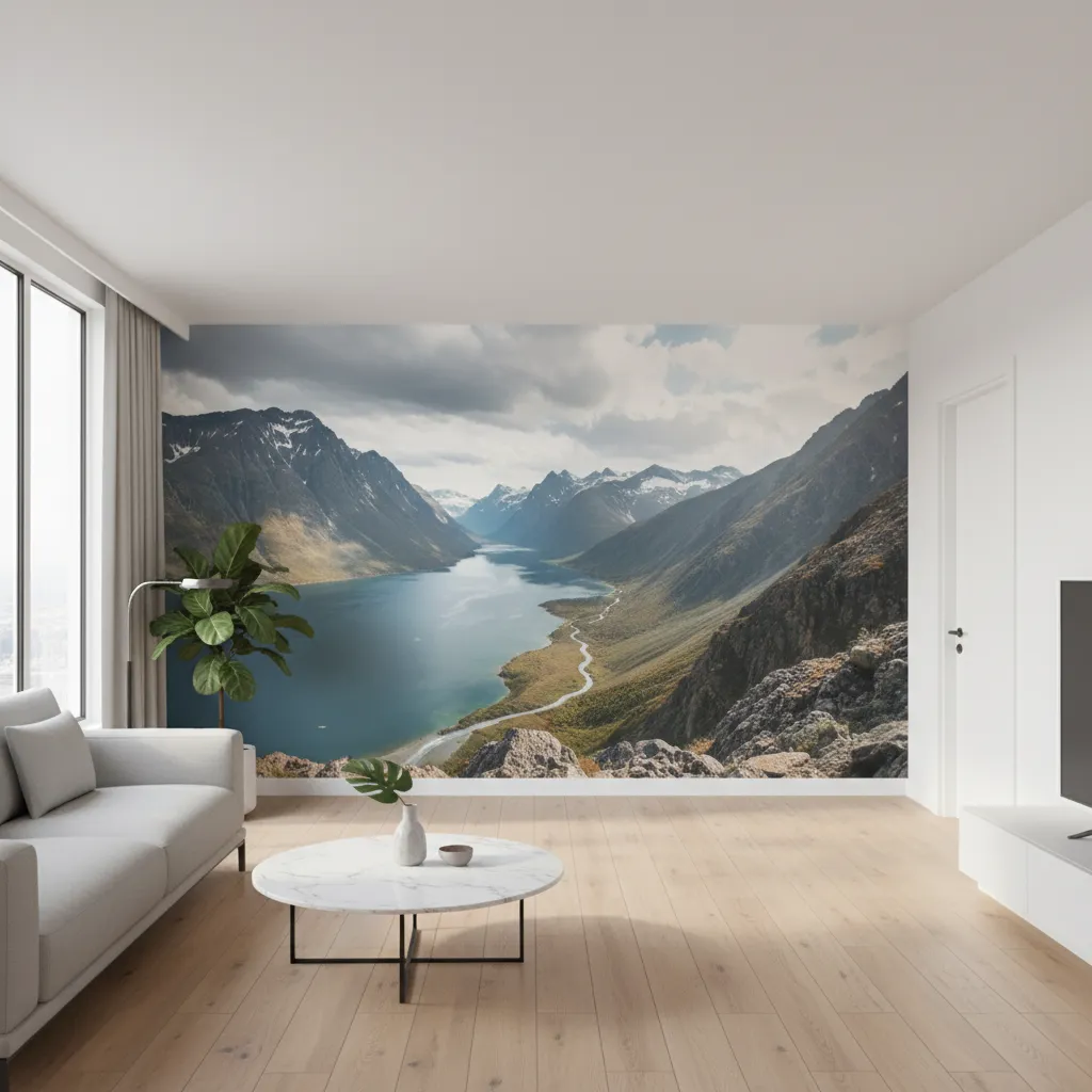 Modern apartment interior with large perspective wall mural expanding visual space