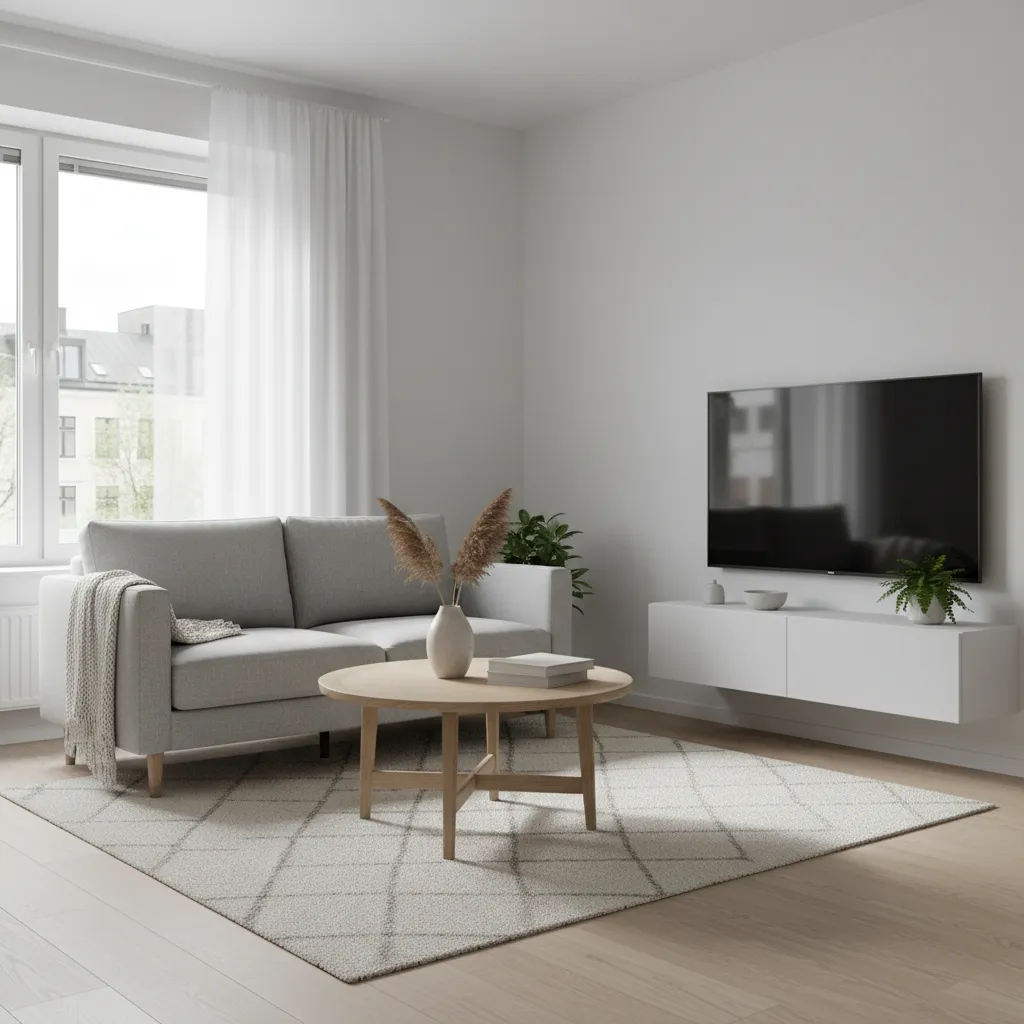 Sala moderna de departamento pequeño con diseño minimalista