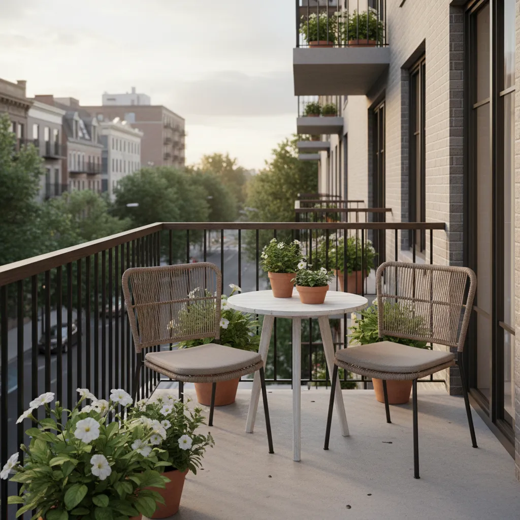 Small second floor balcony with modern chairs and plants