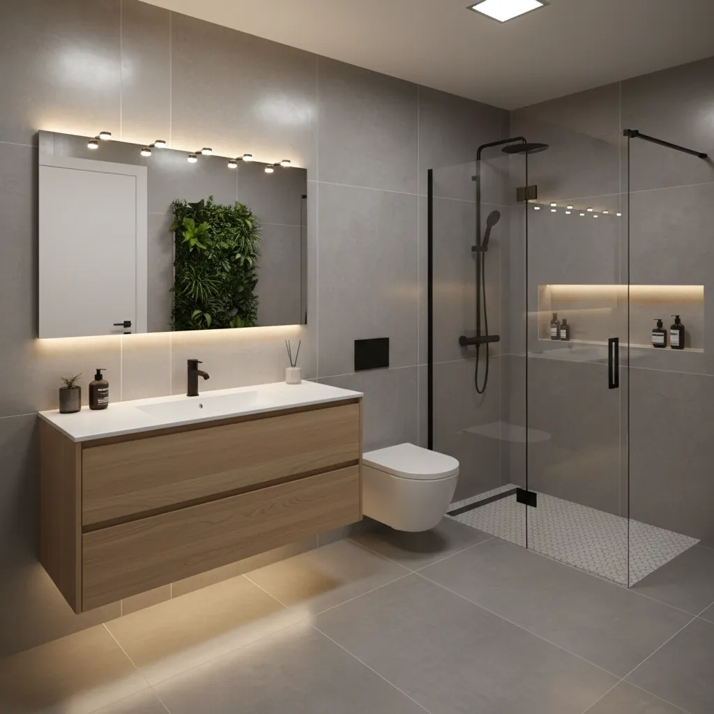 modern renovated small apartment bathroom with shower glass and vanity