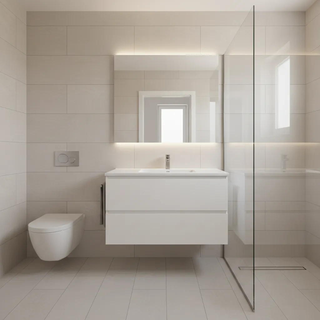 Minimalist beige bathroom with white floating sink mirror light glass shower and wall hung toilet