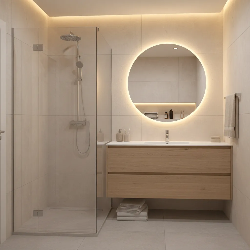 Compact modern bathroom remodel with shower and vanity
