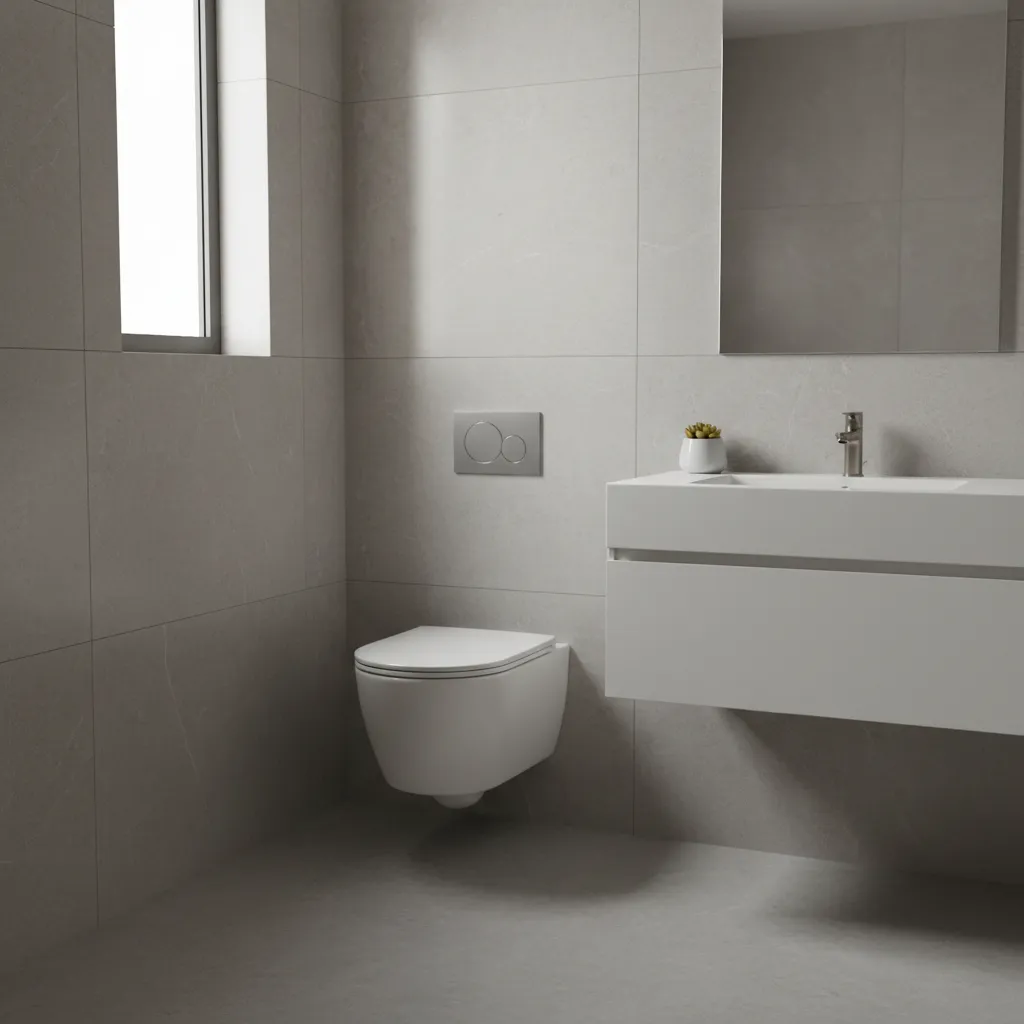 Small modern bathroom using a wall mounted toilet to save floor space