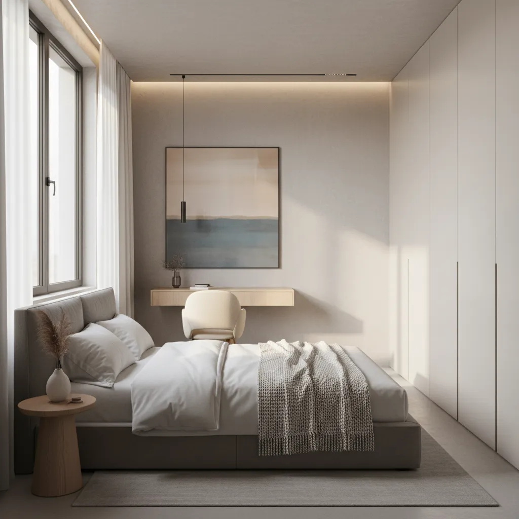 Minimalist bedroom with grey bed, white wardrobes, wooden desk, chair, large wall painting, and rug