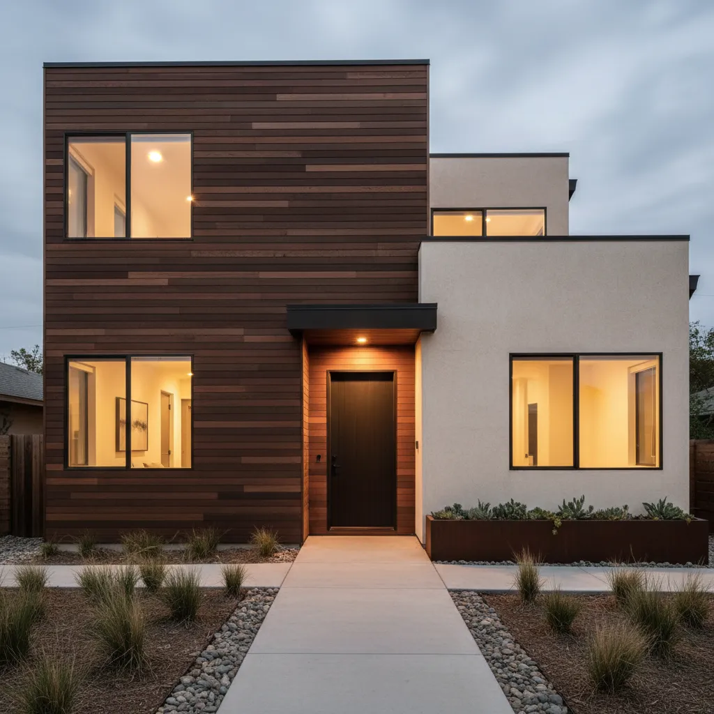 Fachada de casa pequeña combinando madera y estuco moderno