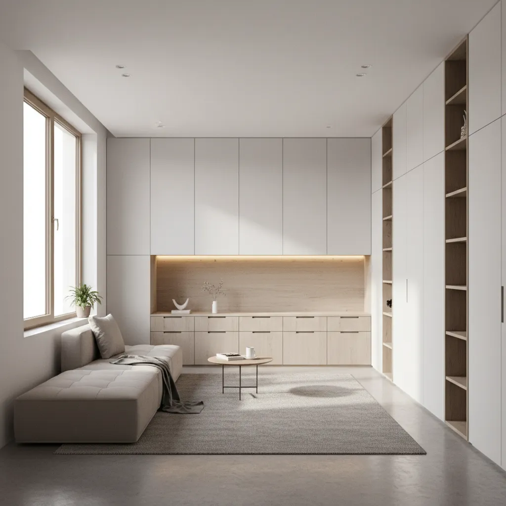 Small modern room featuring white wall cabinets wood desk area grey sofa and large window