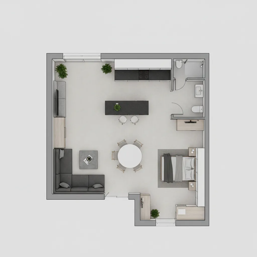 Plano eficiente de casa moderna pequeña bien distribuida