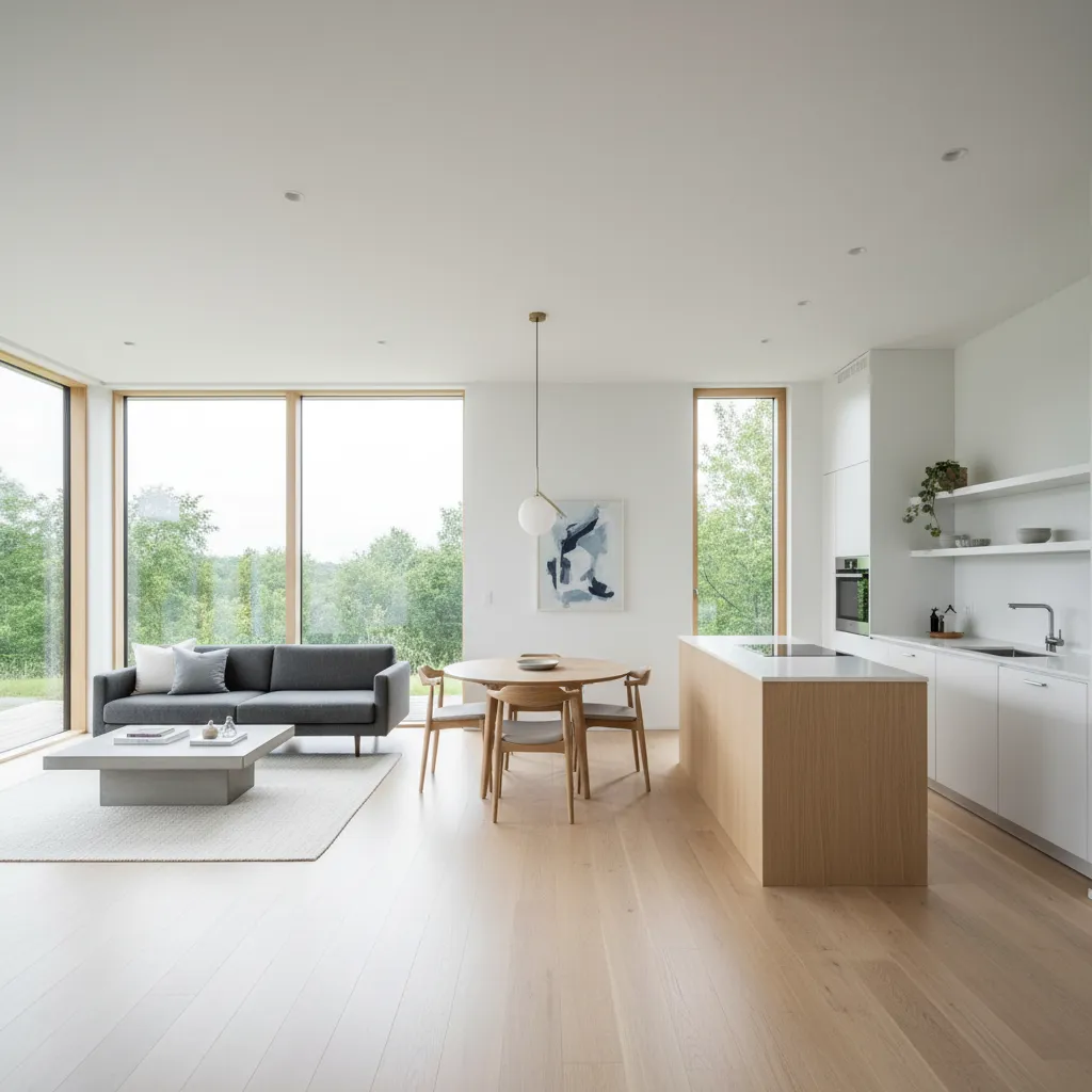 Interior de casa moderna económica con sala, comedor y cocina en espacio abierto