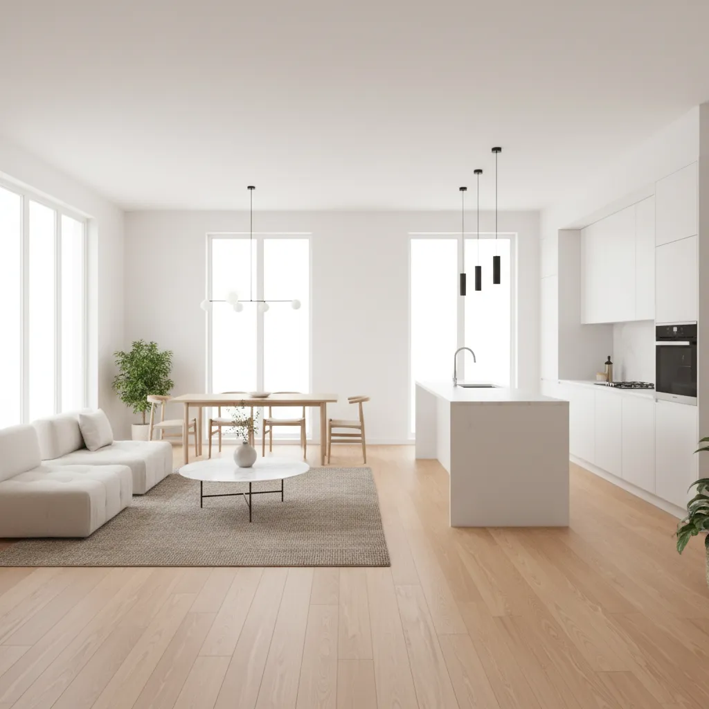 Interior de casa moderna pequeña con espacio abierto entre cocina y salón