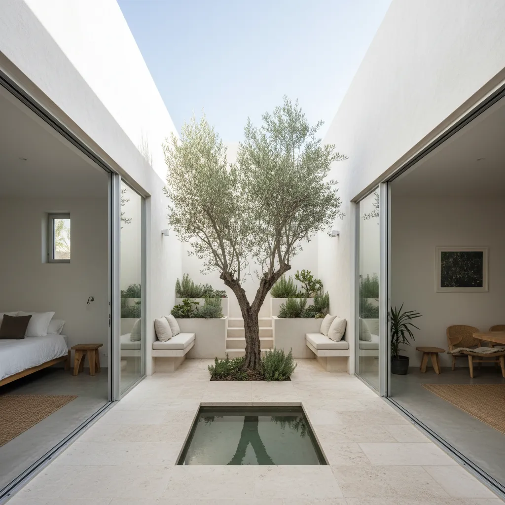 Minimalist white courtyard with central tree square water feature stone floor and glass sliding doors
