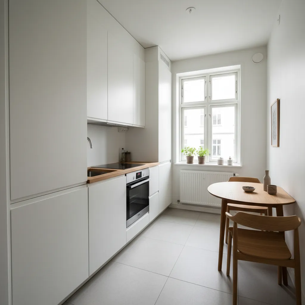 Narrow white kitchen with wood countertops, small round dining table, wooden chairs, and a window