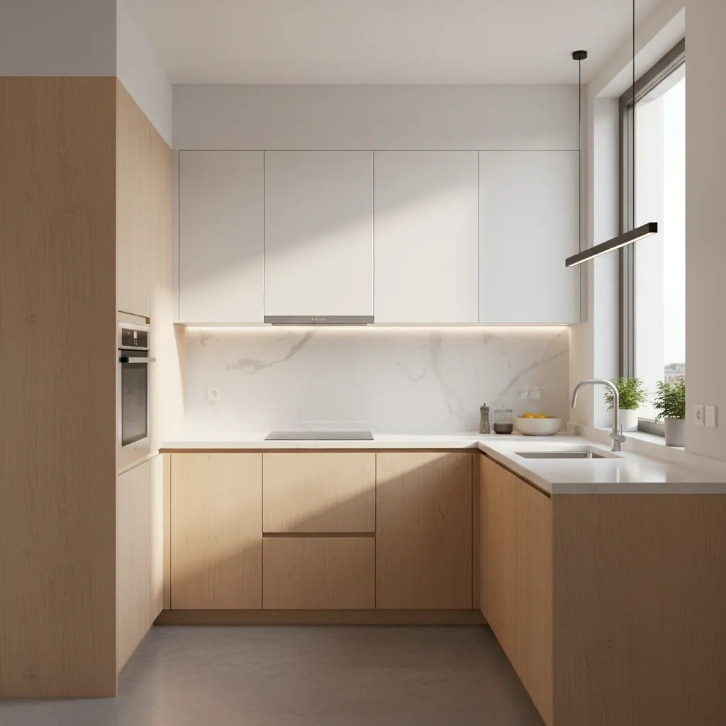 Cocina moderna en forma de L dentro de una casa pequeña