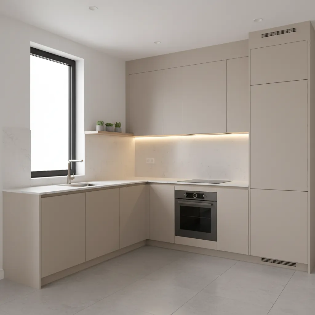 modern small L shaped modular kitchen with light cabinets and quartz countertop