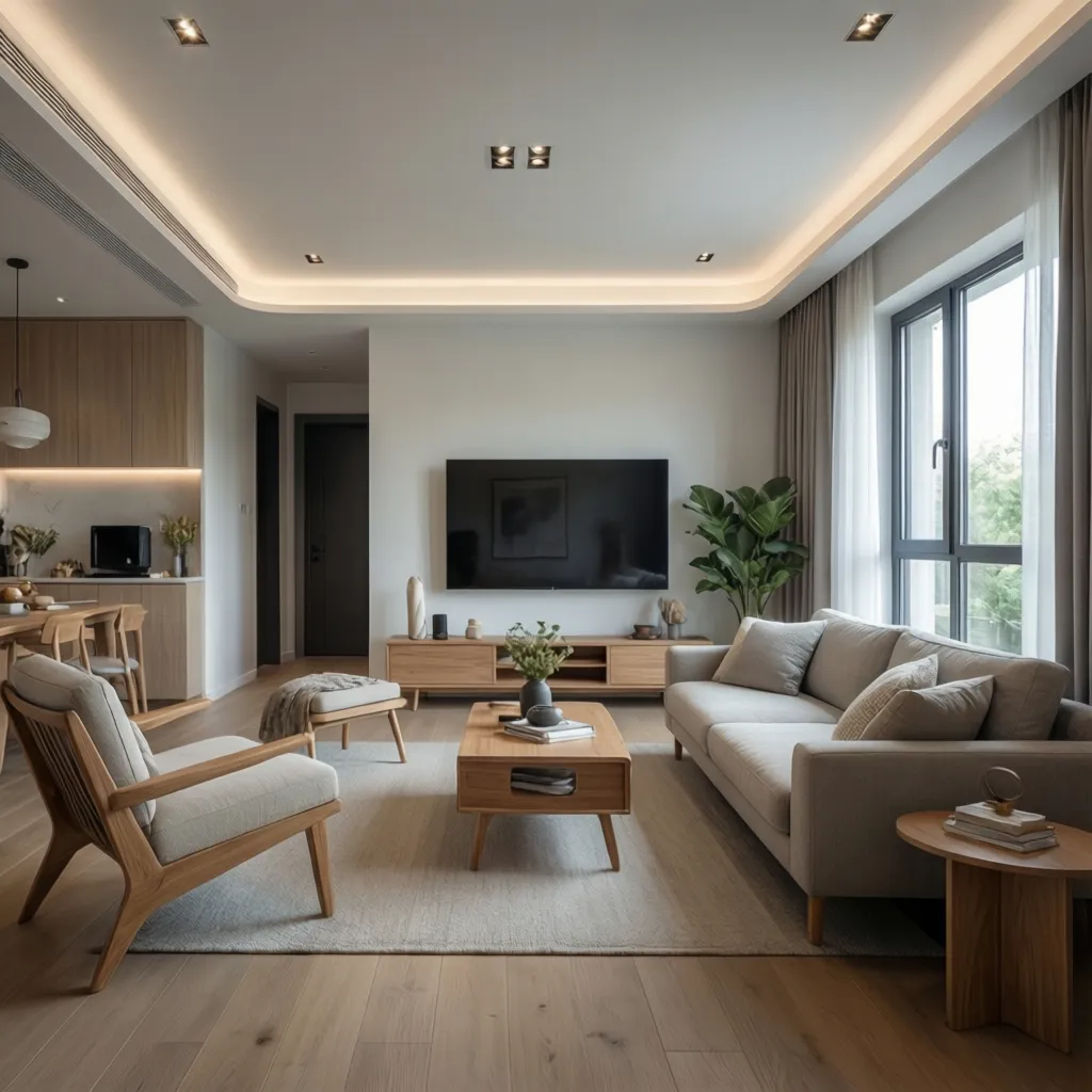 Finished small living room with simple modern ceiling