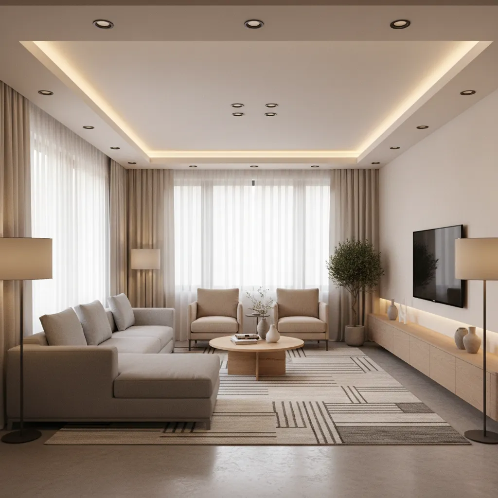 Modern small living room with layered lighting and minimalist false ceiling