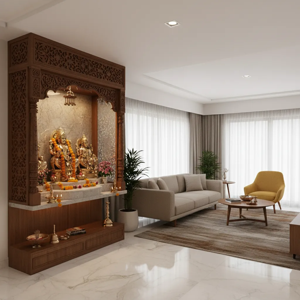 compact pooja room integrated into a modern apartment living area