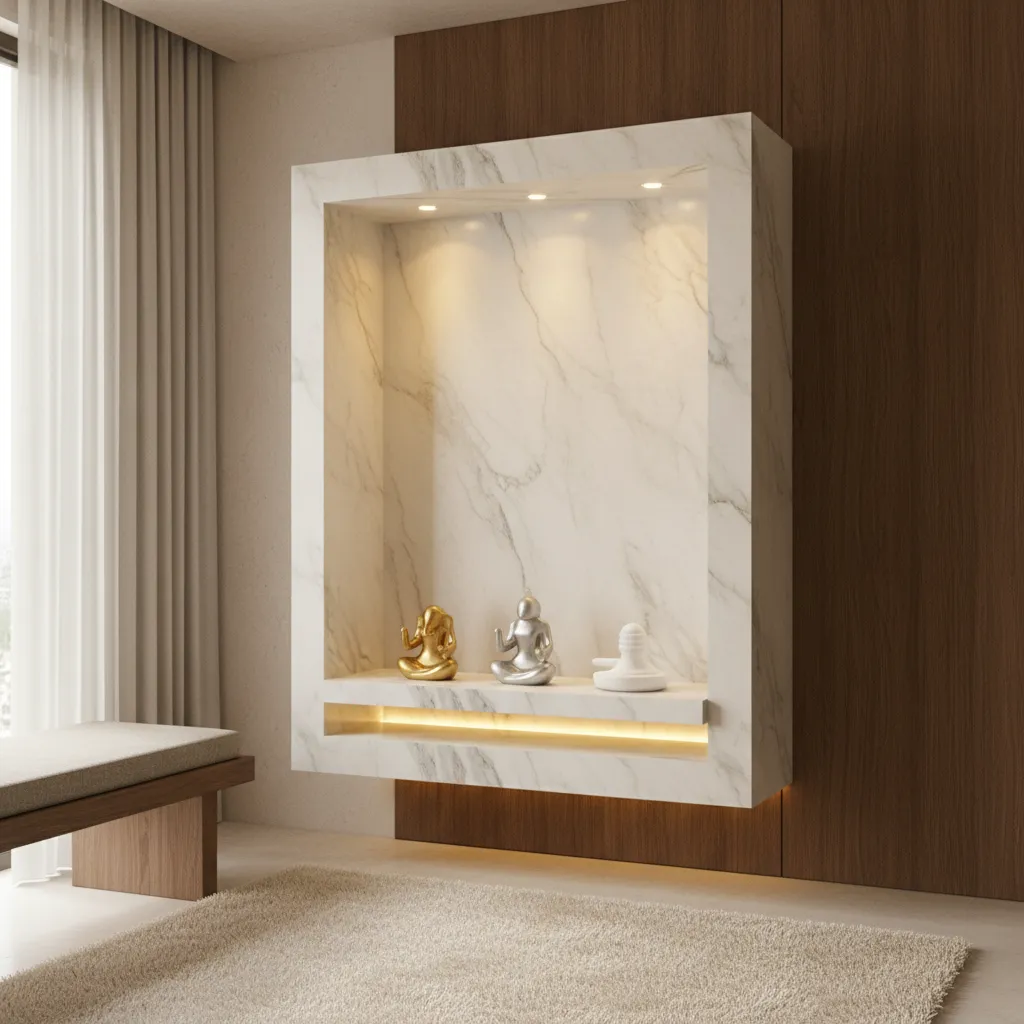 Small marble mandir with warm lighting and minimalist design