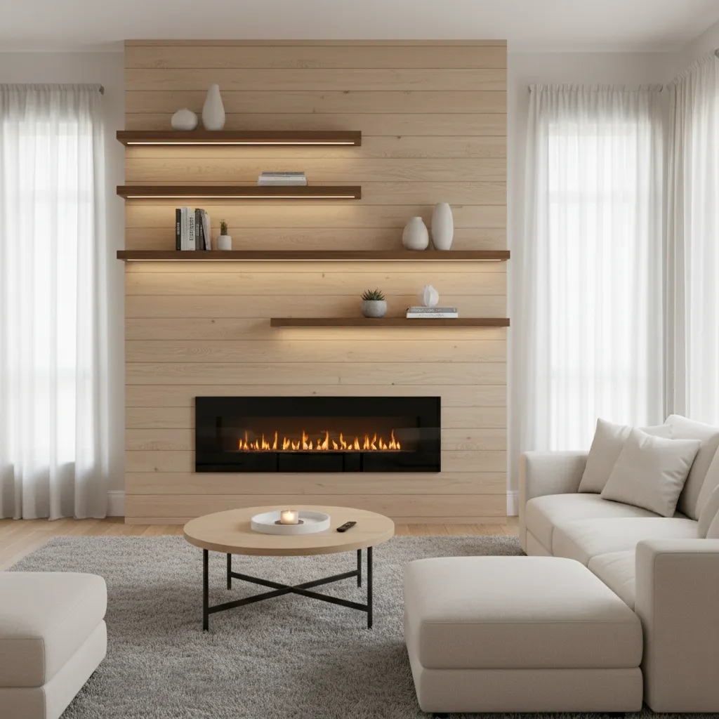 modern focal wall with small electric fireplace and minimal decor