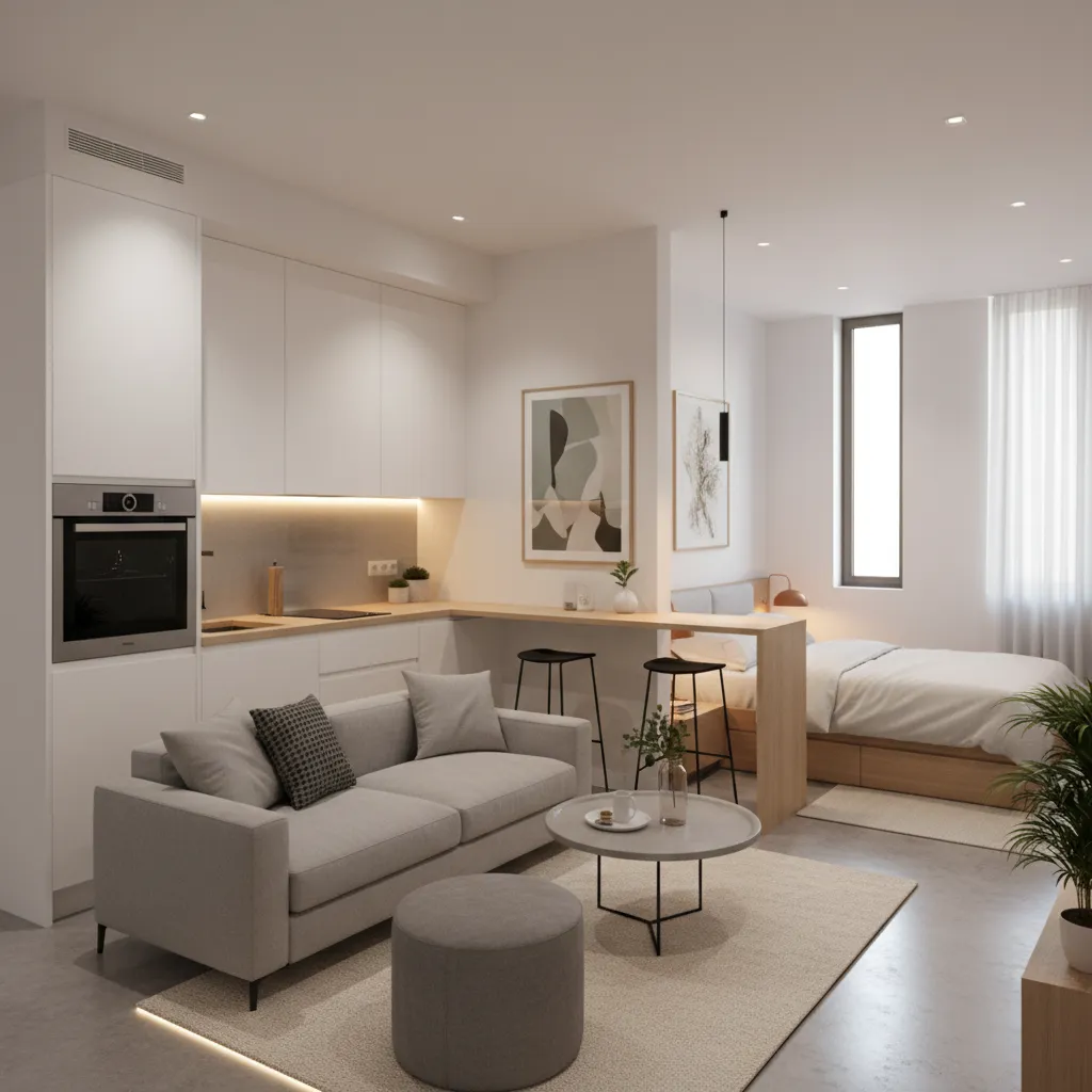 Estudio moderno pequeño con zonas bien definidas