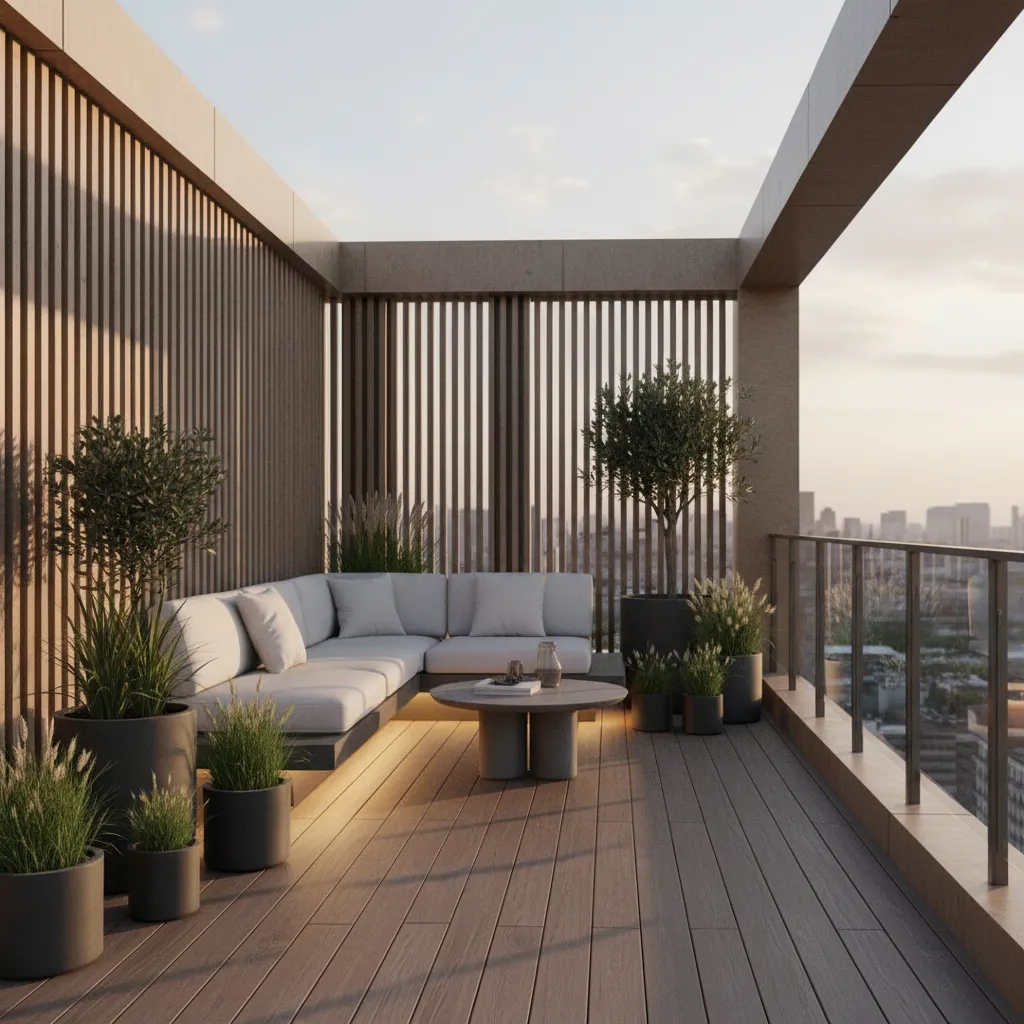 terraza pequeña moderna con iluminación y decoración minimalista