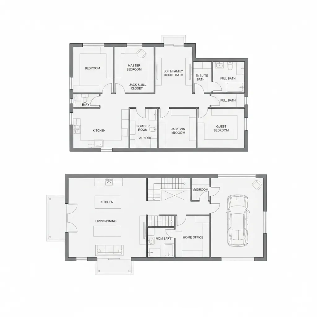 Plano moderno de casa pequeña de dos pisos bien distribuida