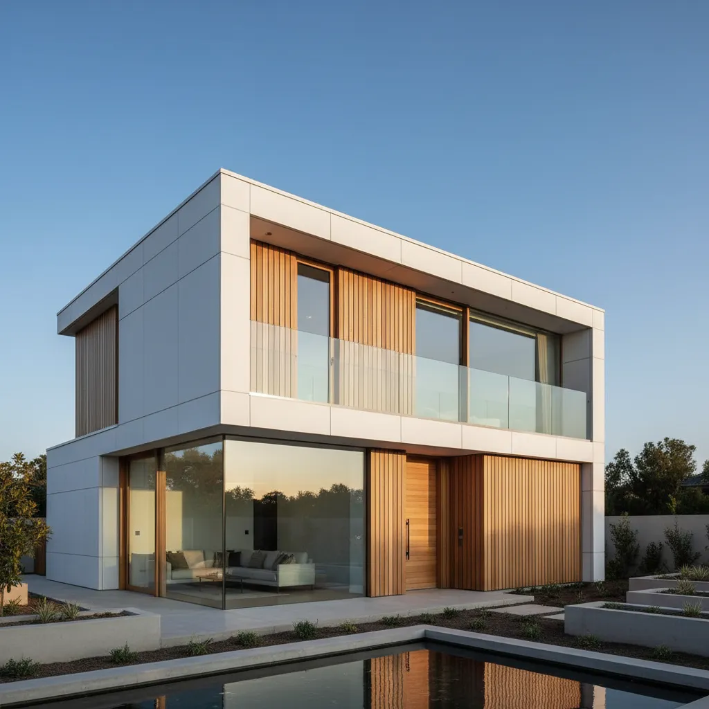 Casa moderna compacta de dos plantas con estilo minimalista