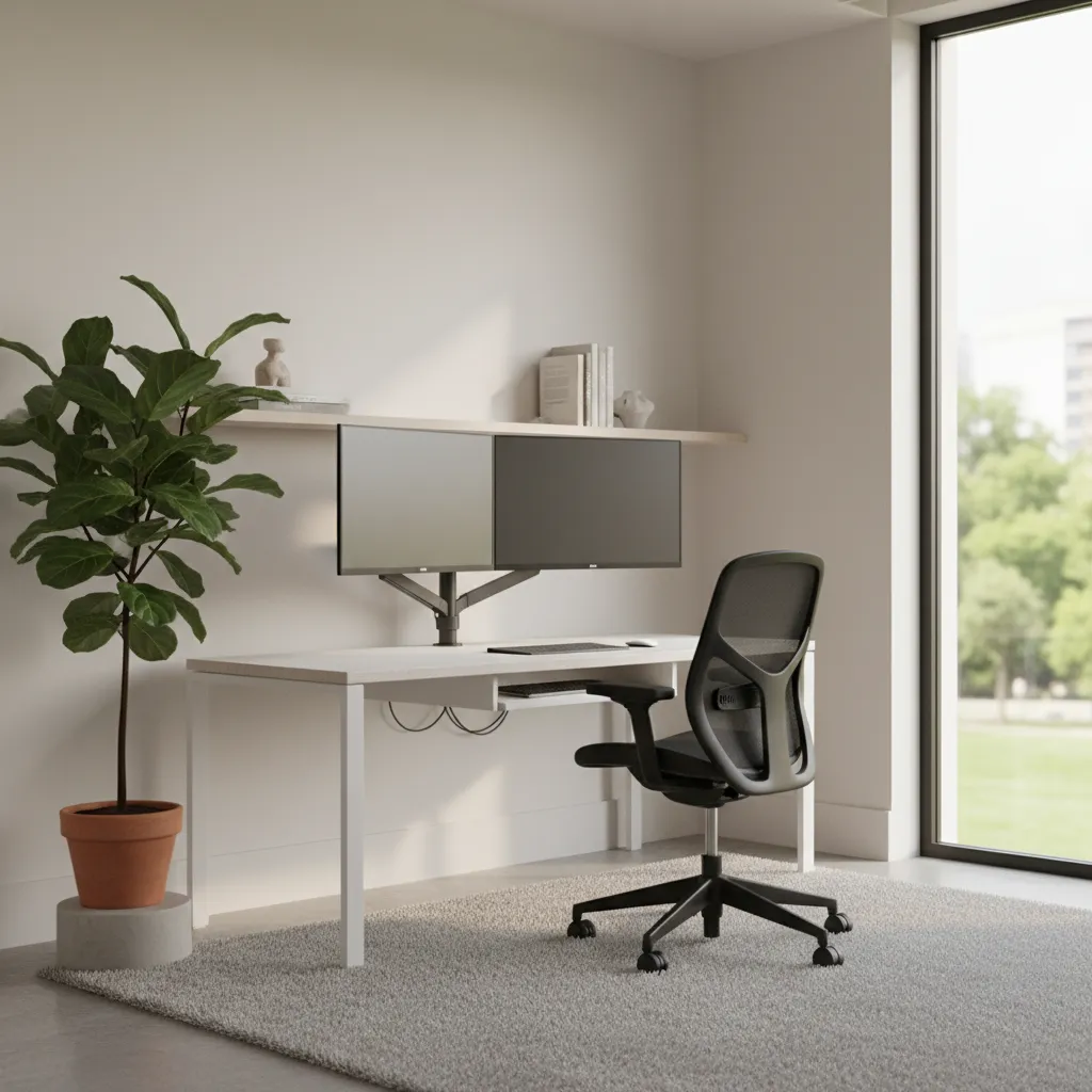 clean modern smart home office with large desk and dual monitors