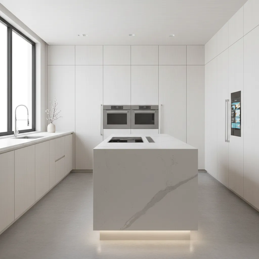 Modern white kitchen interior with marble island featuring bottom lighting and two large wall ovens