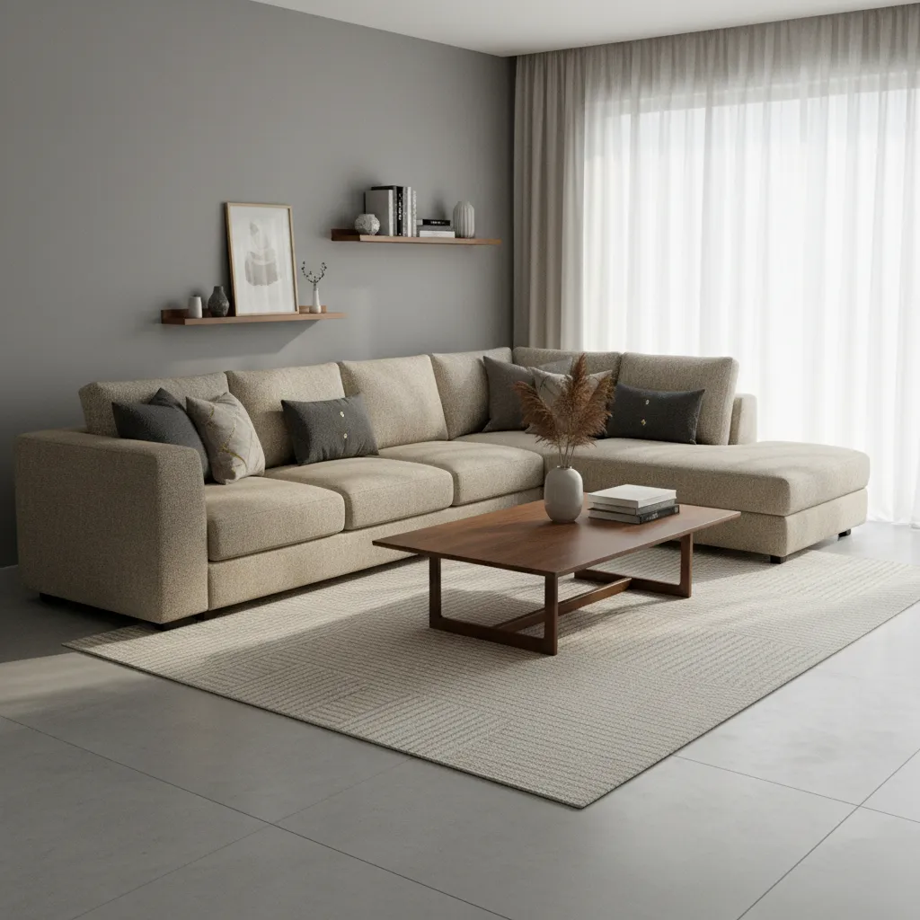 Modern living room with beige sofa, wooden coffee table, grey rug, wall shelves, and curtains