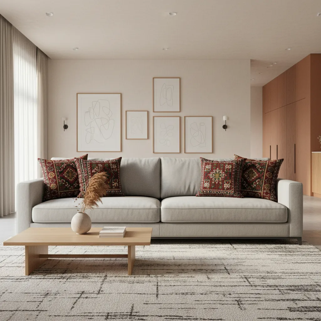 Minimal modern sofa styled with Palestinian embroidered cushions