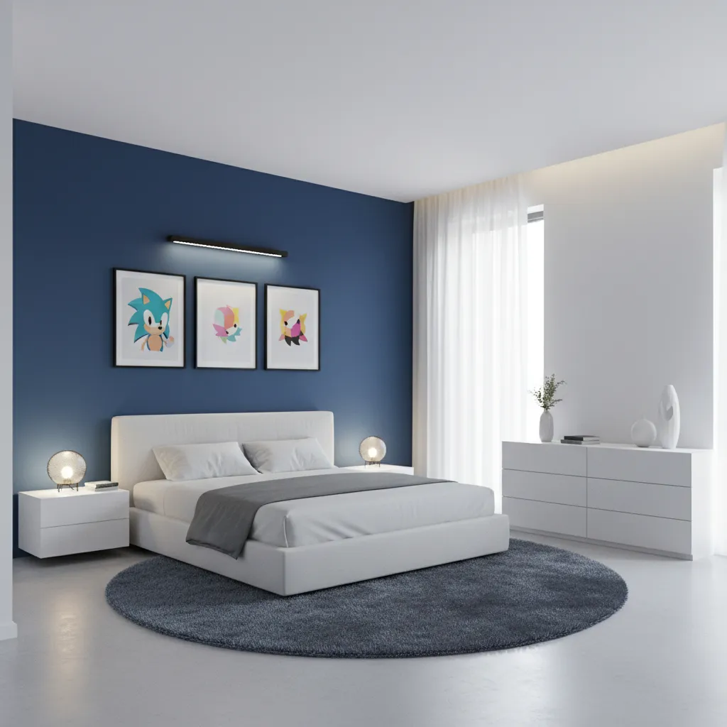 modern minimalist Sonic themed bedroom with blue accent wall