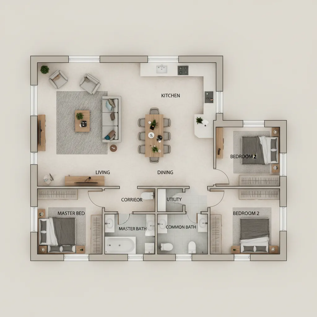 Modern South Indian 1500 sq ft home floor plan with living dining and three bedrooms