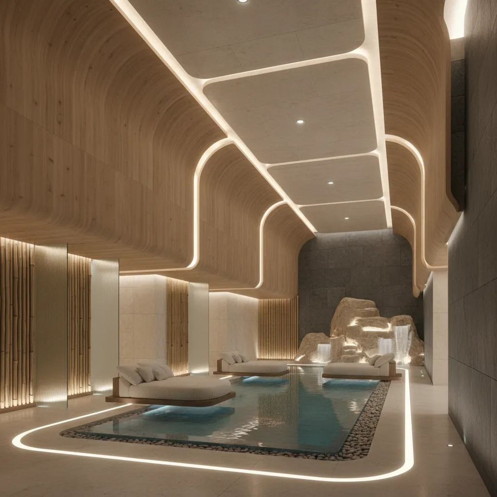 Thiết kế ánh sáng spa hiện đại với đèn trang trí và ánh sáng gián tiếp