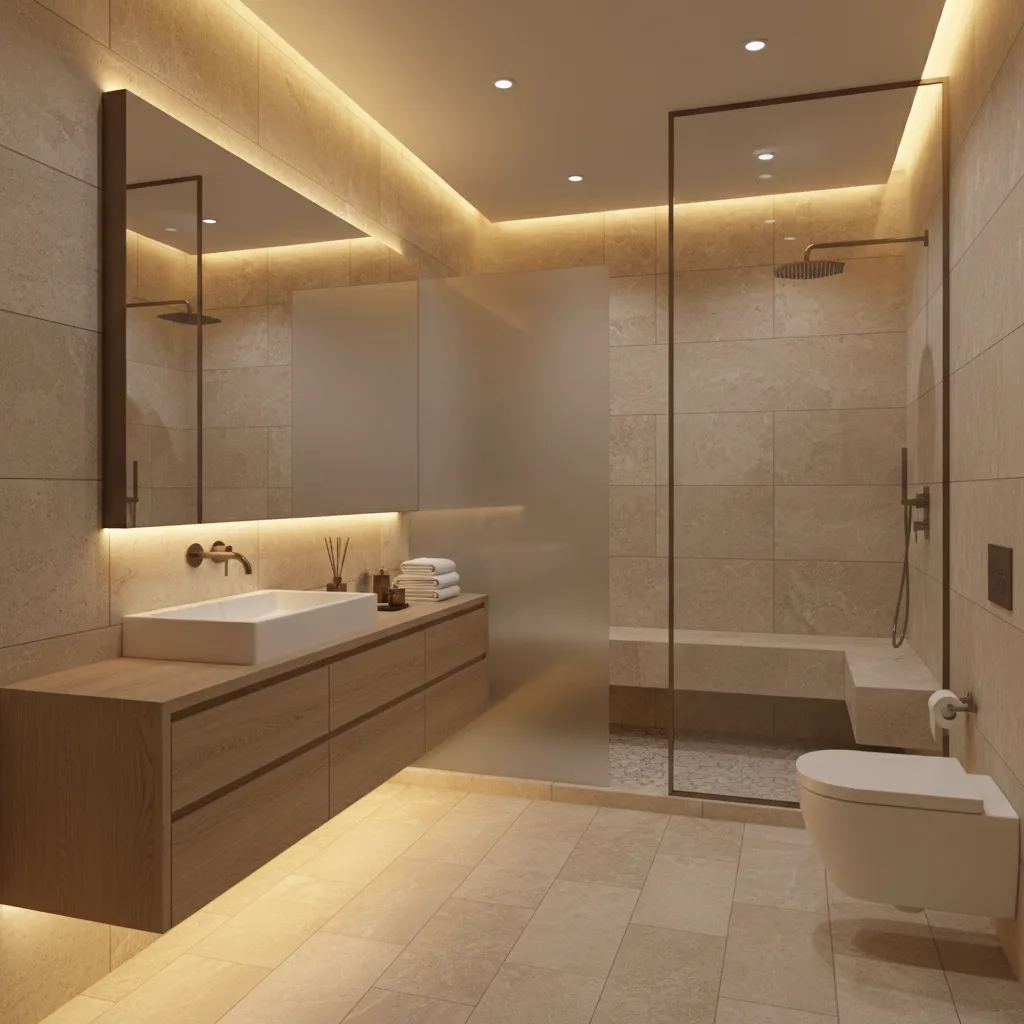 Phòng tắm phong cách spa hiện đại với ánh sáng gián tiếp