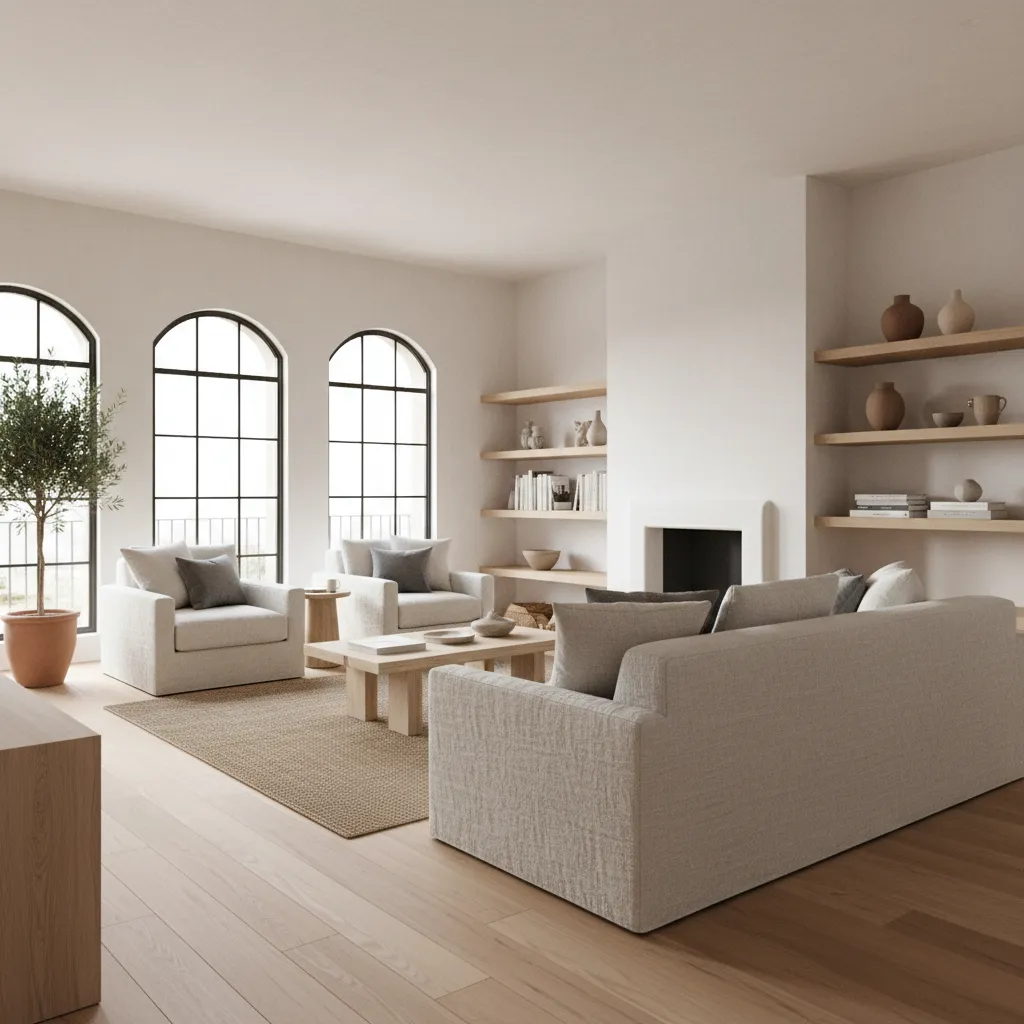 Minimalist living room with beige sofa, arched windows, wooden shelves, white fireplace, and wood flooring