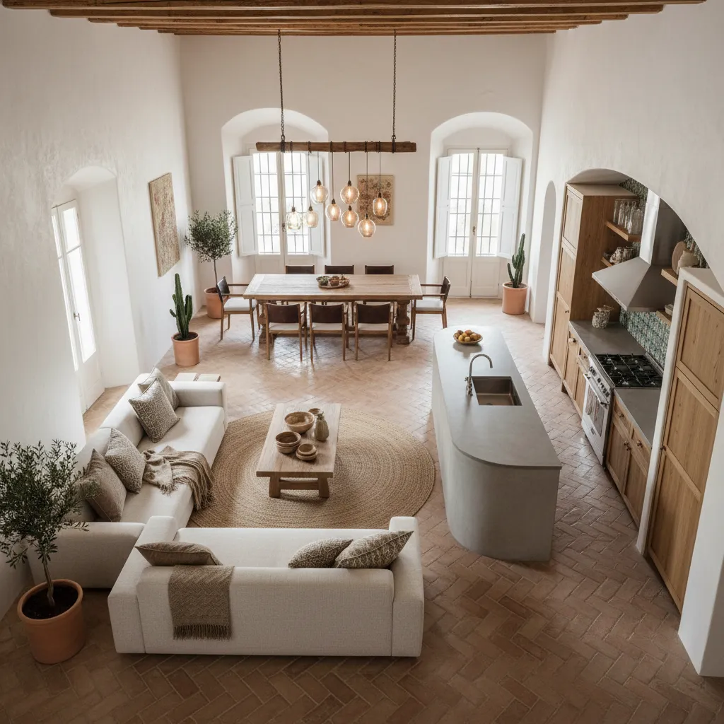 Plano interior moderno de vivienda con mobiliario y distribución funcional