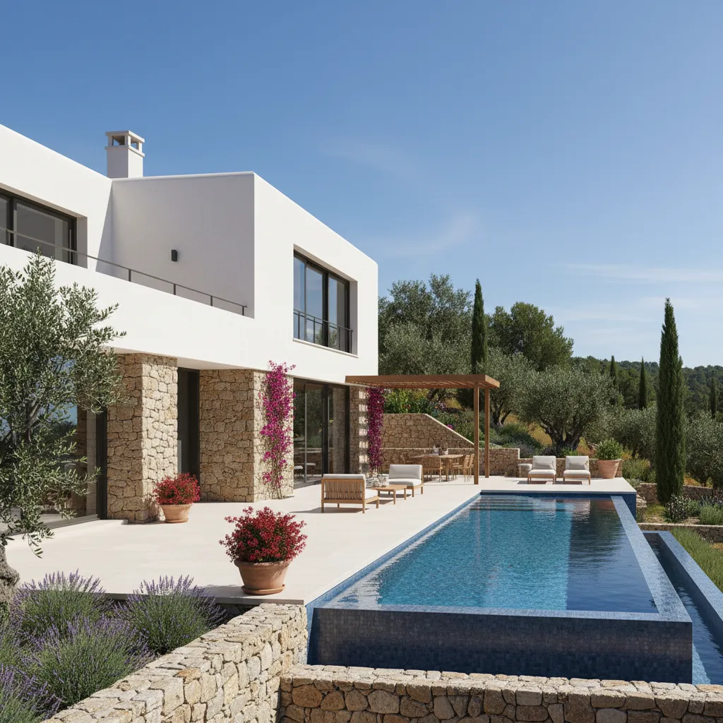Luxury white villa with swimming pool stone wall details outdoor furniture and beautiful Mediterranean garden landscaping
