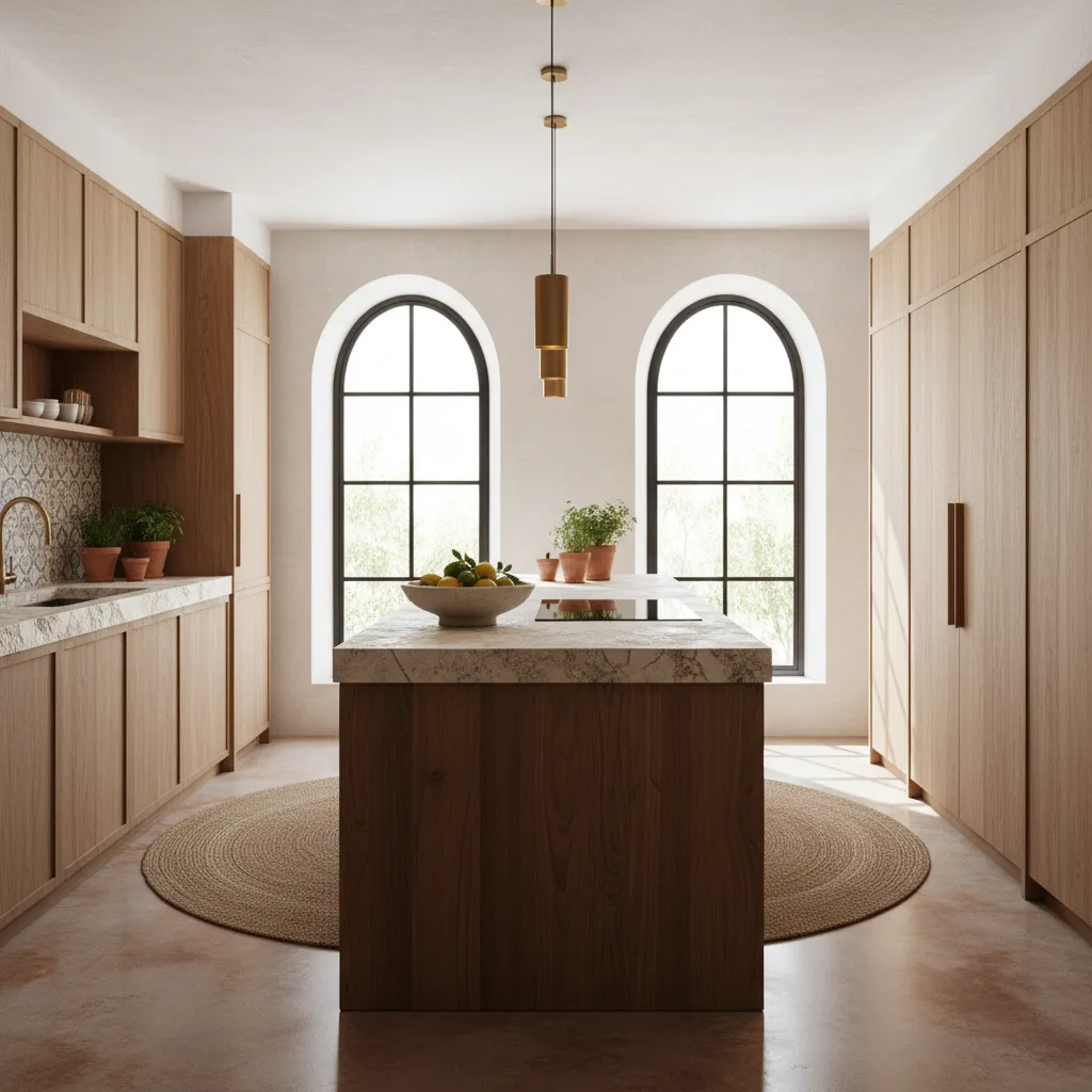 Cocina moderna española con isla y materiales naturales