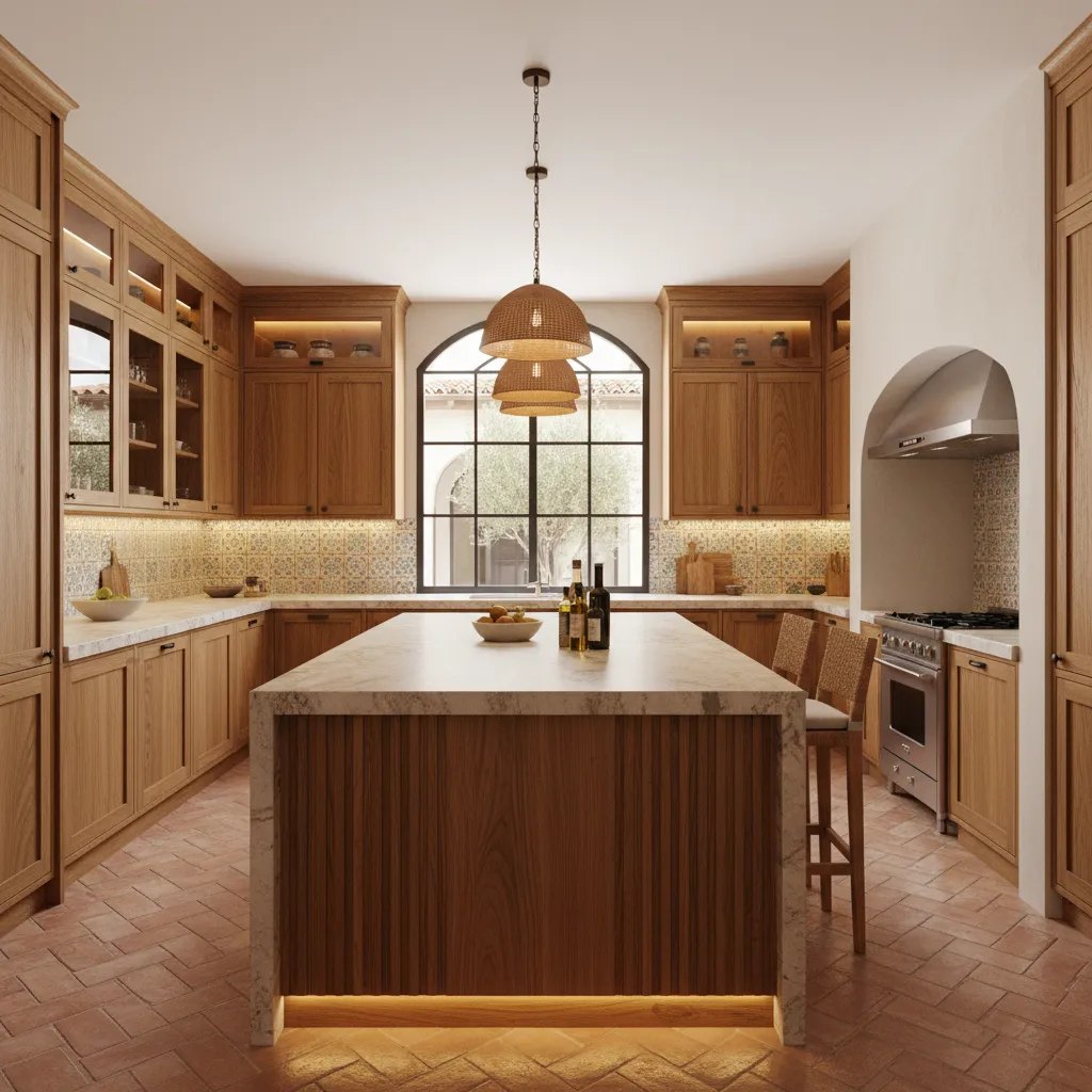 Cocina moderna diseñada por interioristas españoles con isla central y materiales naturales