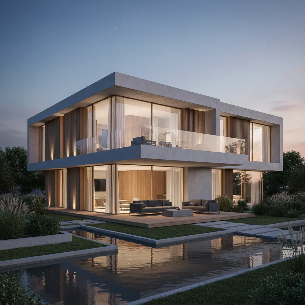 Render 3D realista de una casa cuadrada moderna con terraza y jardín