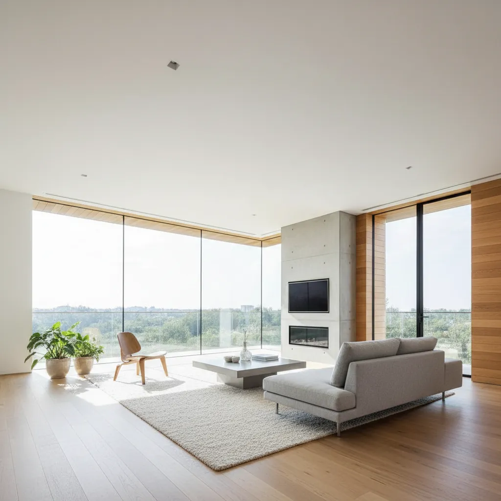 Interior luminoso de una casa cuadrada moderna con grandes ventanas